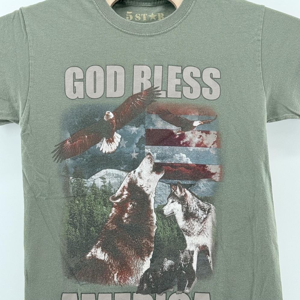 God Bless America Shirt Small Green Wolves Eagle Flag Nature Graphic 5 Star